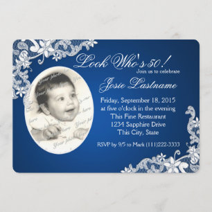 Sapphire Blue and Floral Lace Photo Birthday Invitation