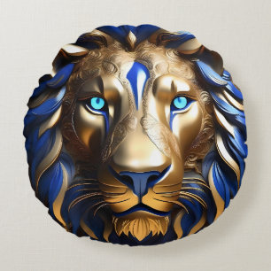 Sapphire Blue And Gold Lion, Round Cushion