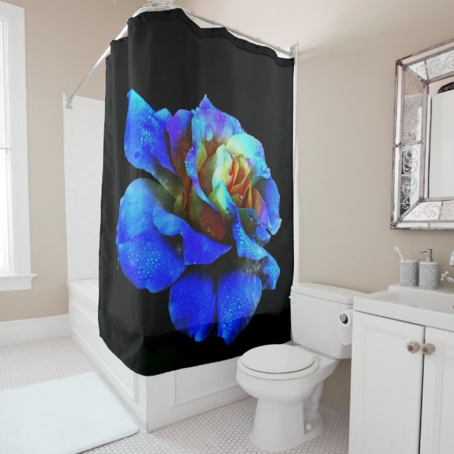 Sapphire Blue and Gold Rainbow Rose Shower Curtain (In Situ)