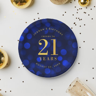 Sapphire Blue Bokeh Cheers to 21 Years Birthday Paper Plate