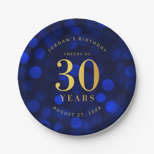 Sapphire Blue Bokeh Cheers to 30 Years Birthday Paper Plate