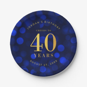 Sapphire Blue Bokeh Cheers to 40 Years Birthday Paper Plate