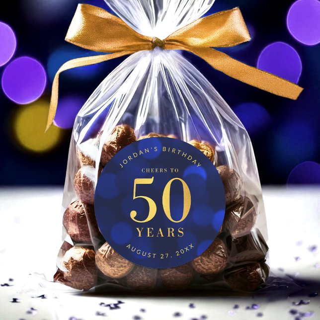 Sapphire Blue Bokeh Cheers to 50 Years Birthday Classic Round Sticker (Creator Uploaded)