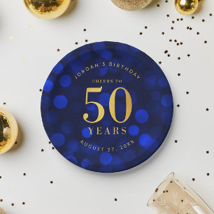 Sapphire Blue Bokeh Cheers to 50 Years Birthday Paper Plate
