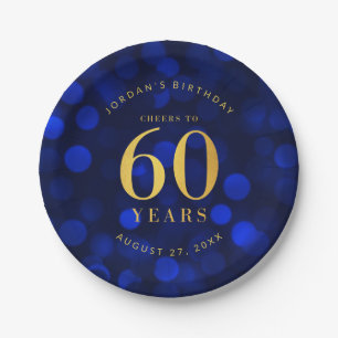 Sapphire Blue Bokeh Cheers to 60 Years Birthday Paper Plate