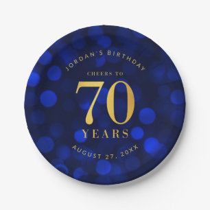 Sapphire Blue Bokeh Cheers to 70 Years Birthday Paper Plate