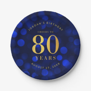Sapphire Blue Bokeh Cheers to 80 Years Birthday Paper Plate