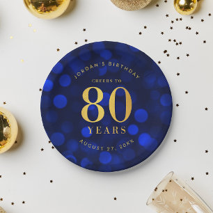 Sapphire Blue Bokeh Cheers to 80 Years Birthday Paper Plate