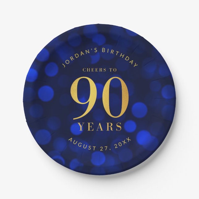 Sapphire Blue Bokeh Cheers to 90 Years Birthday Paper Plate (Front)