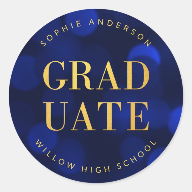 Sapphire Blue Bokeh Faux Gold Graduate Classic Round Sticker (Front)