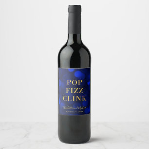 Sapphire Blue Bokeh Faux Gold Pop Fizz Clink Wine Label