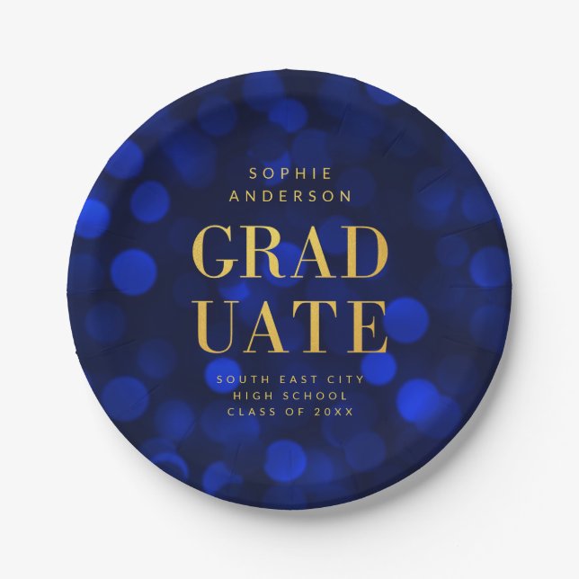 Sapphire Blue Bokeh Lights Faux Gold Graduate Paper Plate (Front)