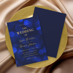 Sapphire Blue Bokeh Lights Faux Gold Wedding Invitation