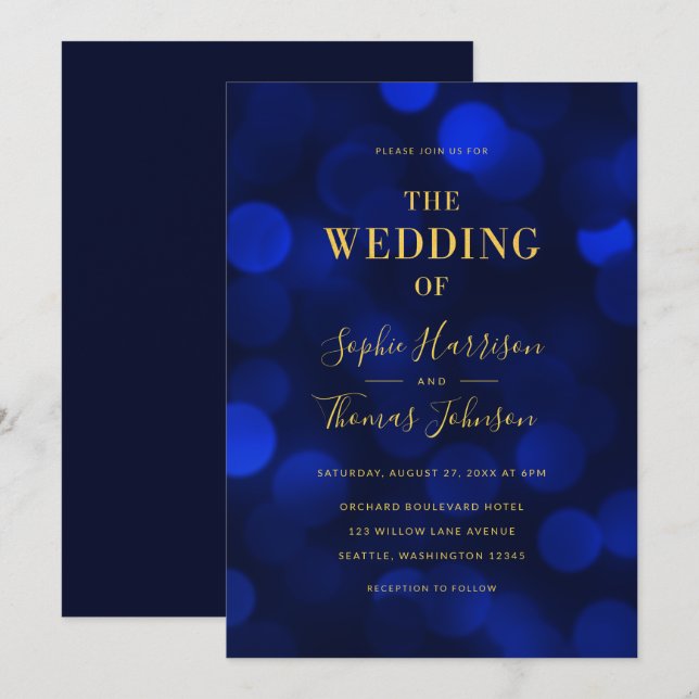 Sapphire Blue Bokeh Lights Faux Gold Wedding Invitation (Front/Back)