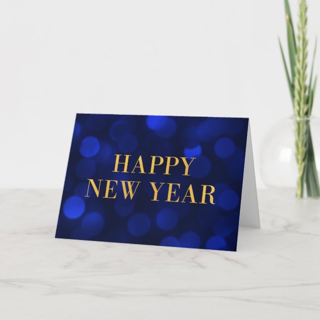 Sapphire Blue Bokeh Lights Gold Happy New Year Holiday Card (Front)