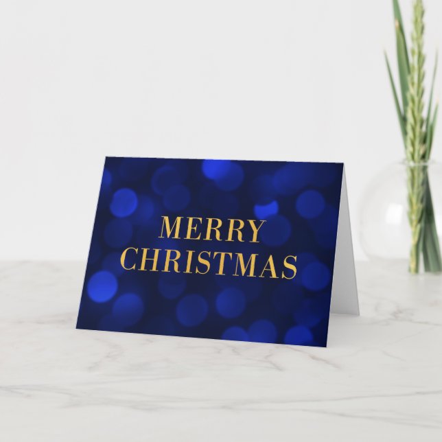 Sapphire Blue Bokeh Lights Gold Merry Christmas Holiday Card (Front)