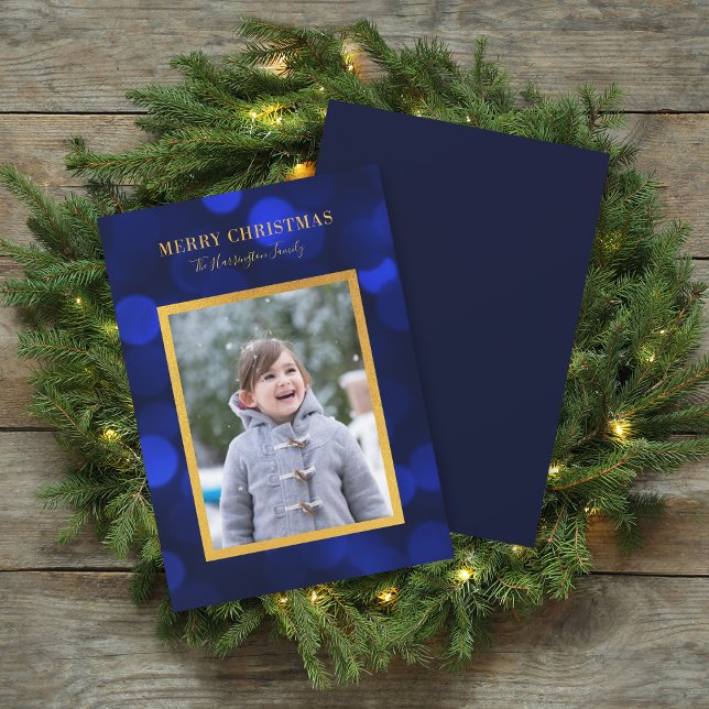 Sapphire Blue Bokeh Lights Gold Merry Christmas Holiday Card (Creator Uploaded)