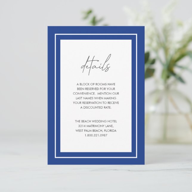 Sapphire Blue Bold Border Modern Wedding Enclosure Card (Standing Front)