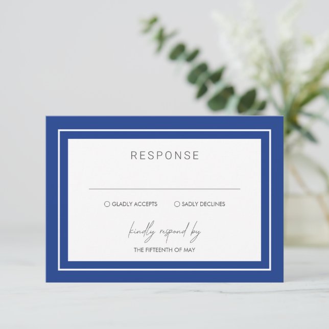 Sapphire Blue Bold Border Modern Wedding RSVP Card (Standing Front)