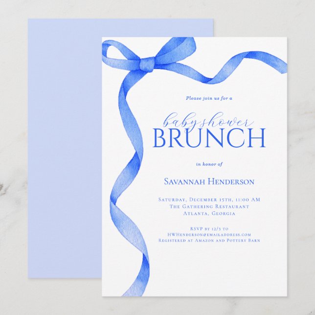 Sapphire Blue Bow Ribbon Baby Shower Brunch Invitation (Front/Back)