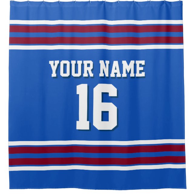 Sapphire Blue Burgundy White Stripes Sports Jersey Shower Curtain (Front)