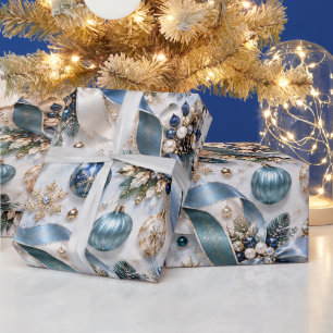 Sapphire Blue Champagne Christmas Ribbons Wrapping Paper