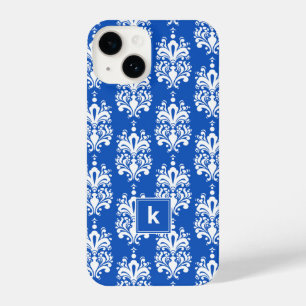 Sapphire Blue Damask Pattern Monogram iPhone 14 Case