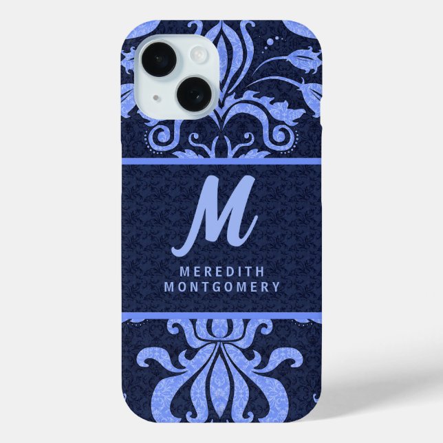 Sapphire Blue Damask Swirls with Monogram Case-Mate iPhone Case (Back)