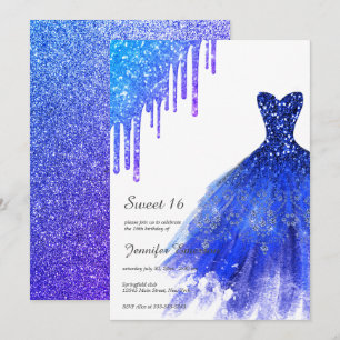  Sapphire Blue Dress Glitter Drips Sweet Sixteen Invitation