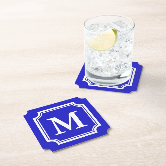 Sapphire blue elegant border custom monogram paper coaster (Insitu)