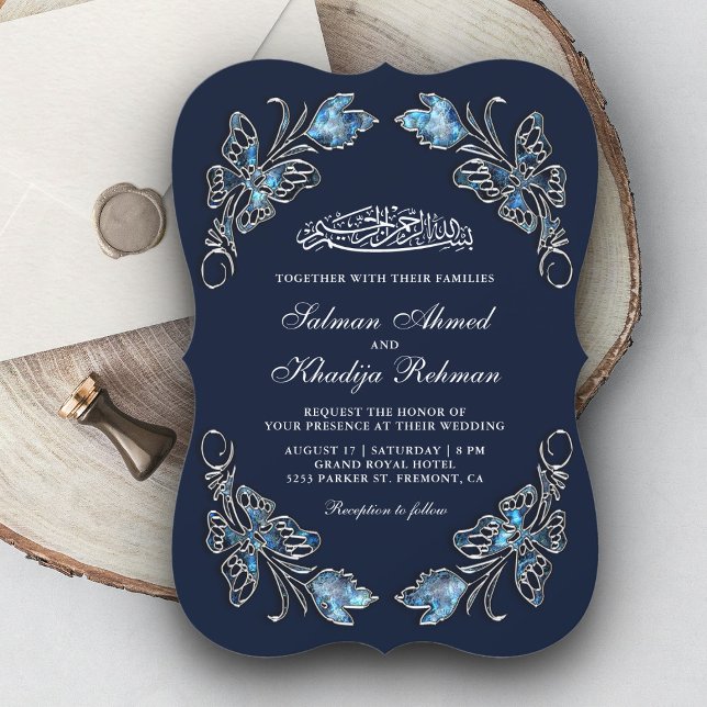 Sapphire Blue Floral Butterflies Islamic Wedding Invitation (Creator Uploaded)