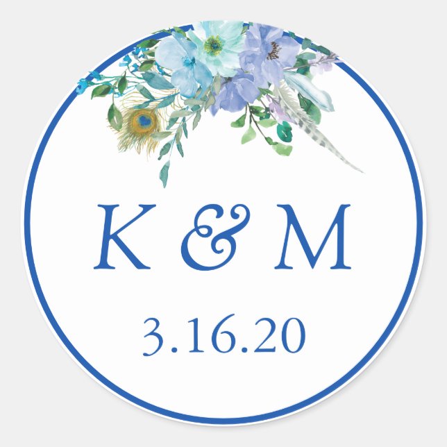 Sapphire Blue Floral Monogram Wedding Favour Classic Round Sticker (Front)