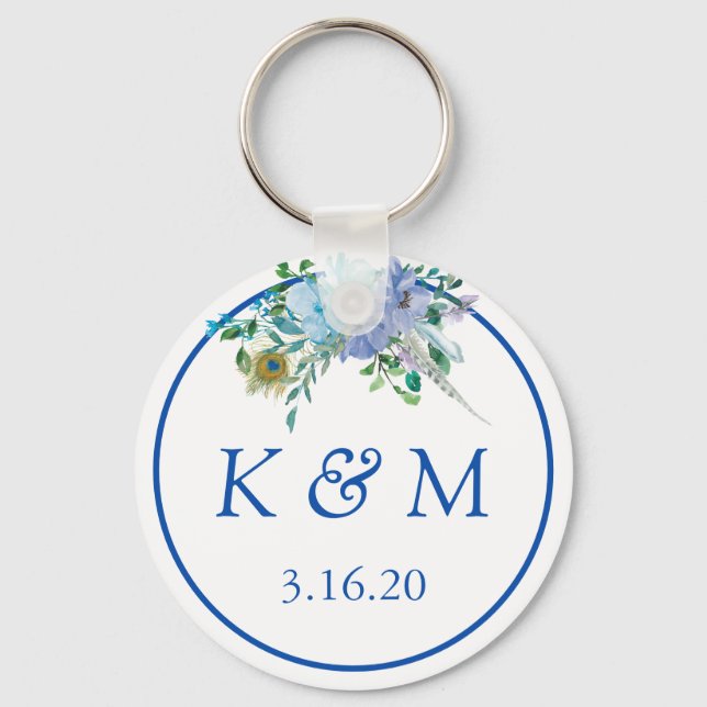 Sapphire Blue Floral Monogram Wedding Favour Key Ring (Front)