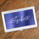 Sapphire Blue Foil Modern Brush Script First Name Business Card Holder<br><div class="desc">A first name business card case holder for her. The script is a lovely, brush stroke modern handwritten script that is a perfect gift for her. The decorative brush stroke style may require you to re-centre your given name. You may also customise the font colour and calligraphy style. The background...</div>