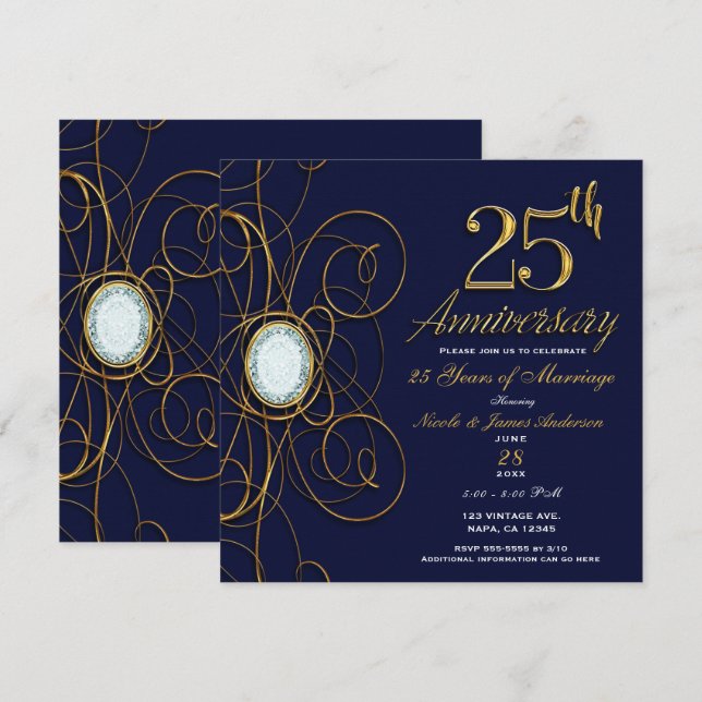 Sapphire Blue & Gold Diamond 25 25th Anniversary Invitation (Front/Back)