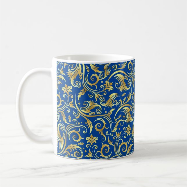 Sapphire Blue Golden Scrollwork Coffee Mug (Left)