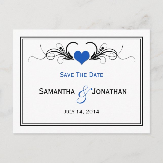 Sapphire Blue Heart Black Swirls Save The Date Announcement Postcard (Front)