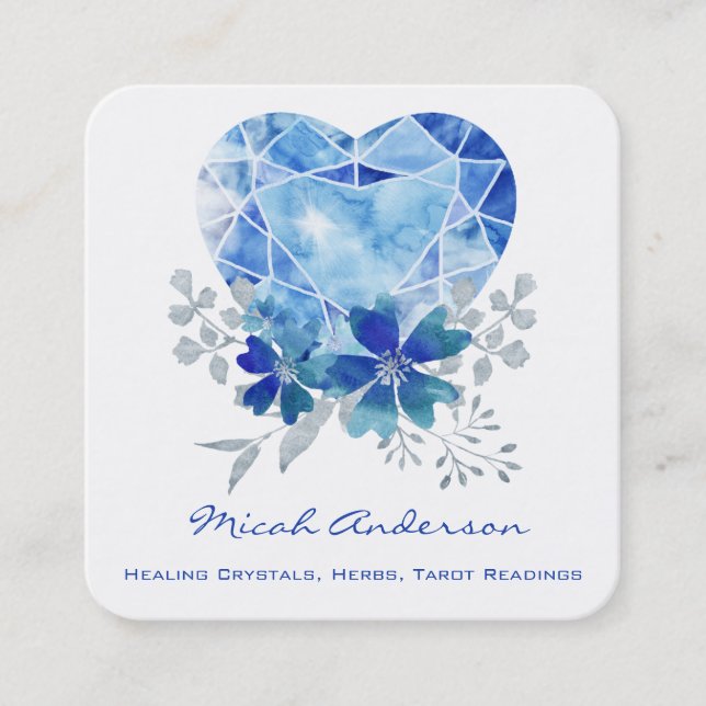 Sapphire Blue Heart Square Business Card (Front)