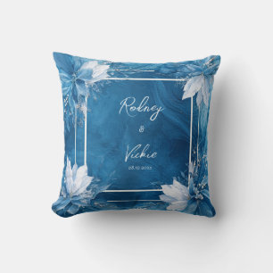 Sapphire Blue Marbled Liquid White Floral Square Cushion