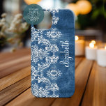 Sapphire Blue Moody Damask Pattern and Name Case-Mate iPhone 14 Plus Case<br><div class="desc">A vintage pattern with a trendy design with jewel tone colours and elegance. Items are easier to customise when you replace all text and photos first. If your art still needs to be adjusted, click on the Customise This button. This will take you to a design area where you can...</div>