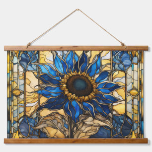 Sapphire Blue N Gold Stained Glass Sunflower  Hanging Tapestry