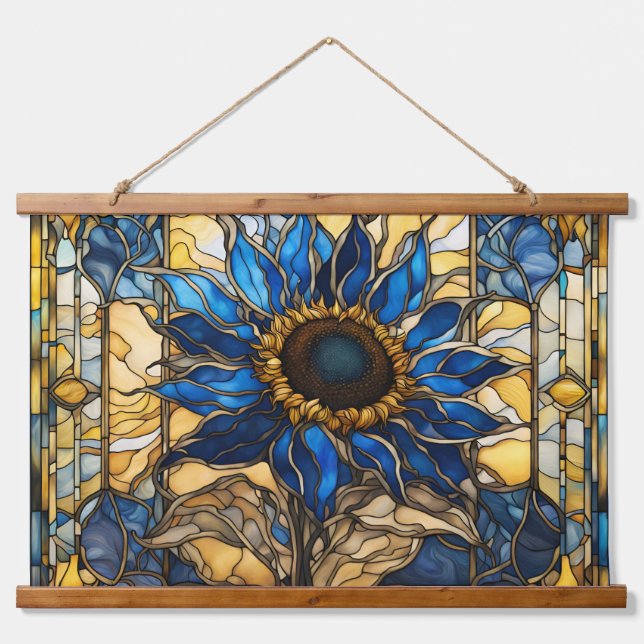 Sapphire Blue N Gold Stained Glass Sunflower  Hanging Tapestry (Front)