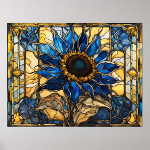 Sapphire Blue N Gold Stained Glass Sunflower  Poster