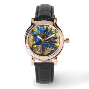 Sapphire Blue N Gold Stained Glass Sunflower Watch
