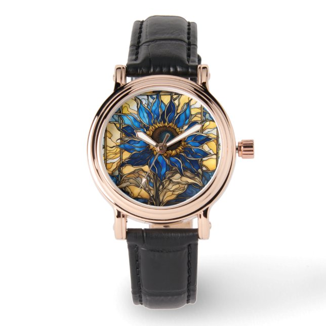Sapphire Blue N Gold Stained Glass Sunflower  Watch (Front)