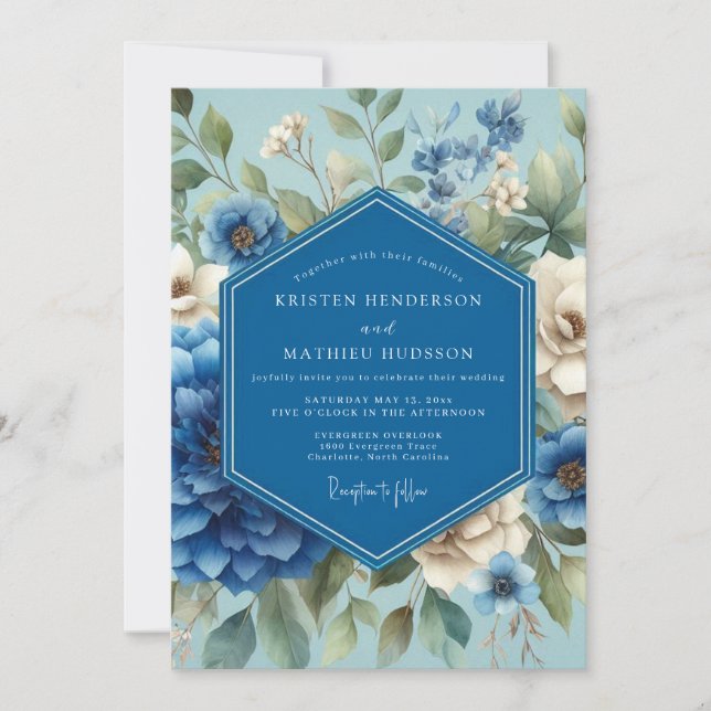 Sapphire Blue Painterly Bloom Wedding Invitation (Front)