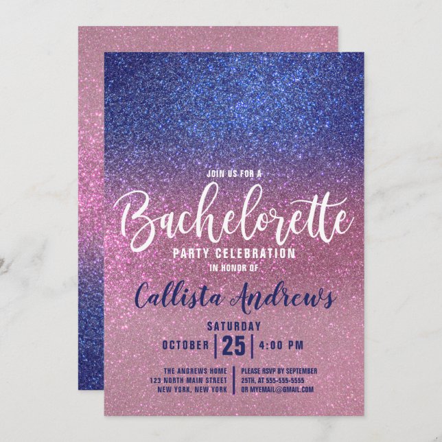 Sapphire Blue Pink Triple Glitter Bachelorette Invitation (Front/Back)