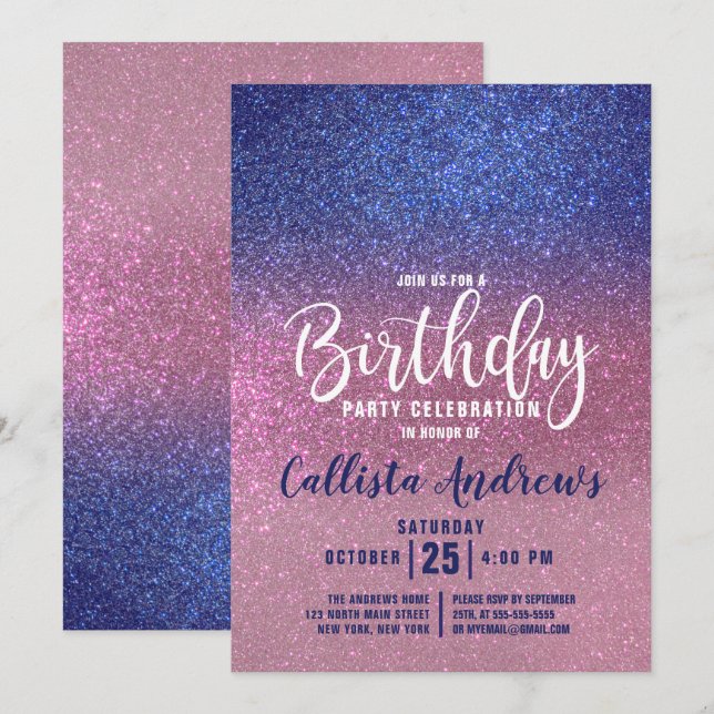 Sapphire Blue Pink Triple Glitter Ombre Birthday Invitation (Front/Back)