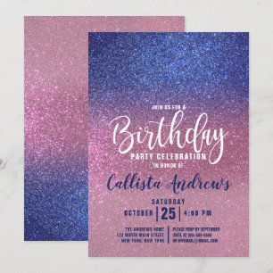 Sapphire Blue Pink Triple Glitter Ombre Birthday Invitation