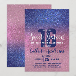 Sapphire Blue Pink Triple Glitter Ombre Sweet 16 Invitation